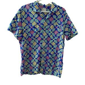J Crew Hawaiian Shirt Men's Med Blue Floral Short Sleeve Button Up Camp Resort